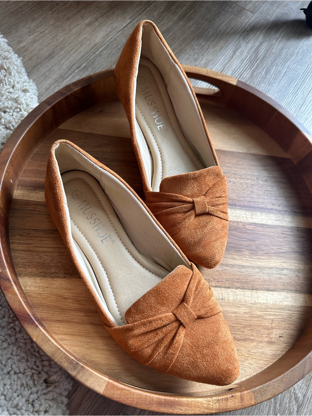 Women's Pointed Suede Flats with Knot Detail in Rust